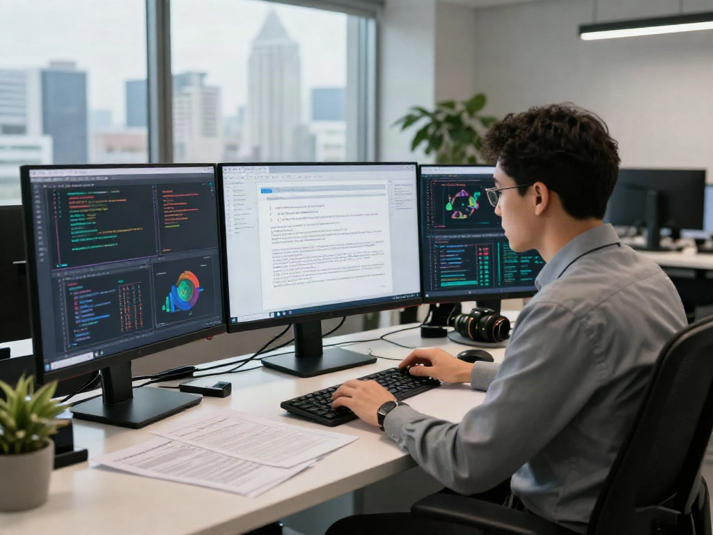 Data analyst focusing on document fraud detection software with visual data analysis in a modern office setting.