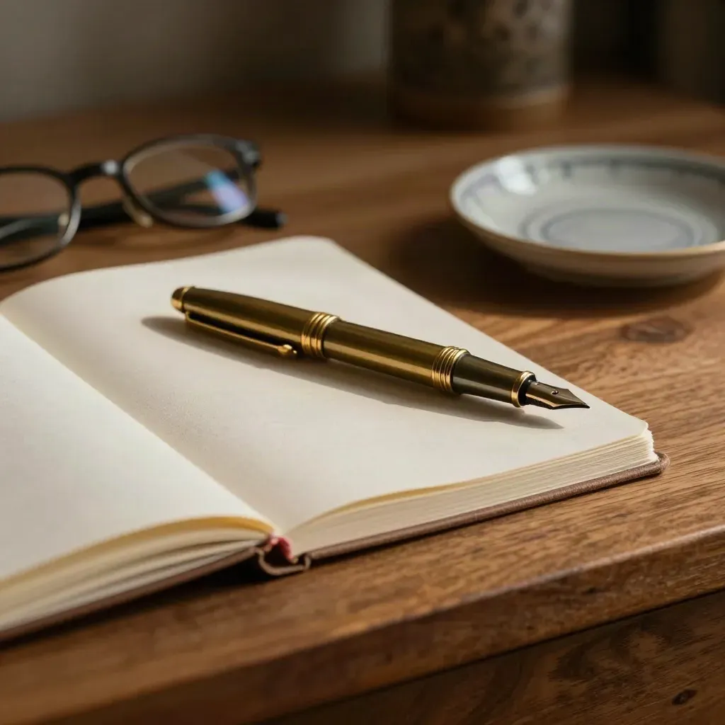 Brass pen, closed linen notebook, folded glasses and ceramic dish on oak in warm window light