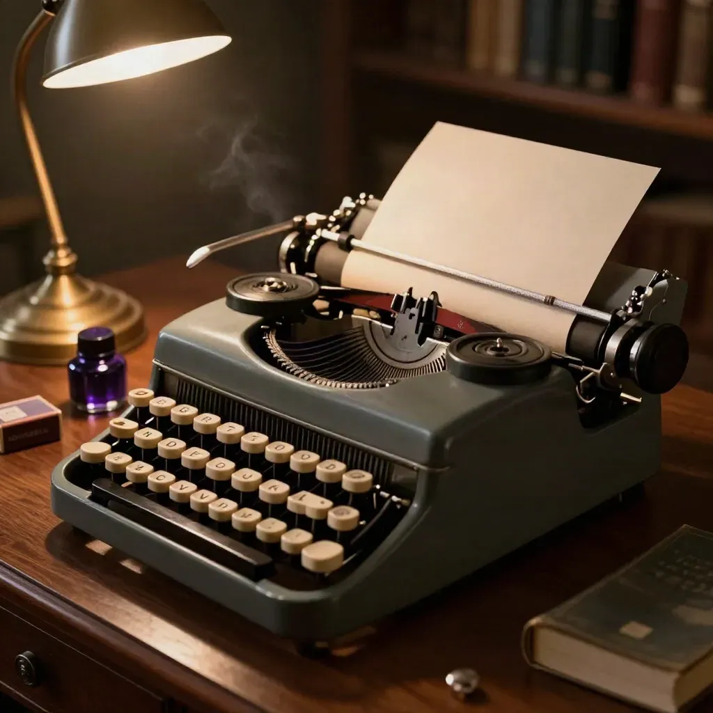 Vintage typewriter on a dark desk with a blank page, ink bottle, matchbox, and warm lamp glow.