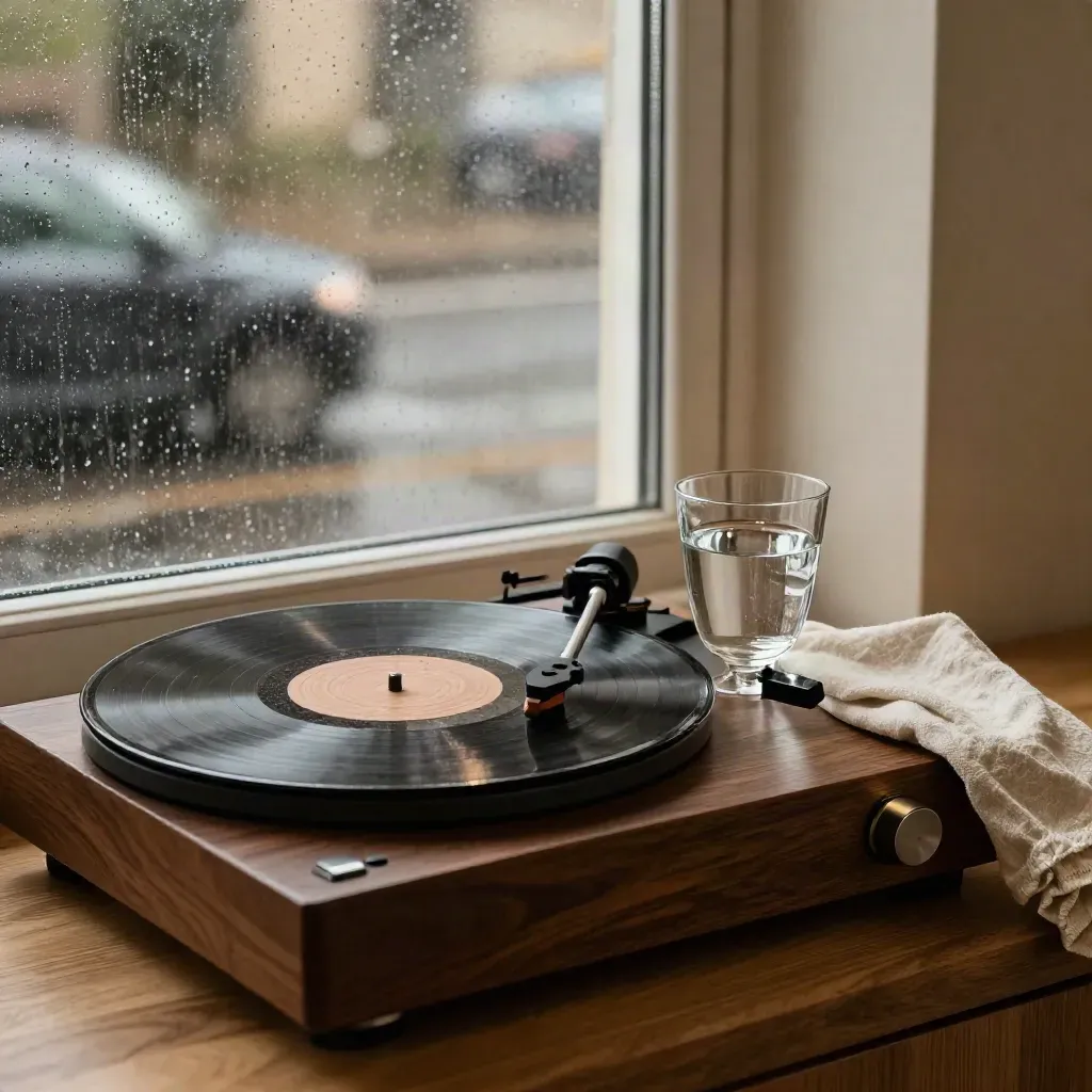 Record player spins by a rain-speckled window with a glass of water and sliding traffic reflections.