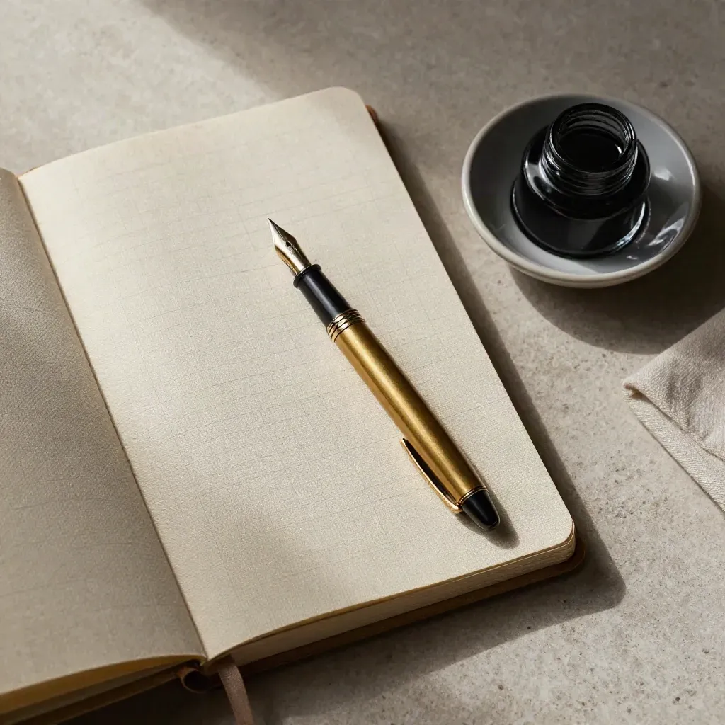 Brass fountain pen, linen notebook, and ceramic dish on pale stone in soft window light.