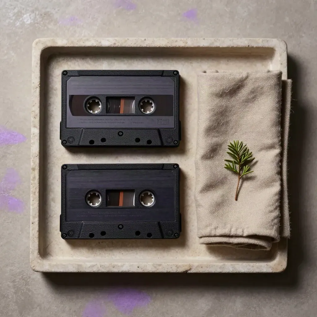 Black cassette shell, wool cloth and plant sprig on stone tray with lavender-tinted daylight.